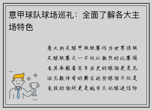 意甲球队球场巡礼：全面了解各大主场特色