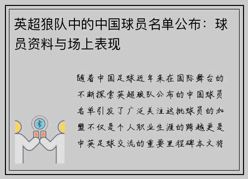 英超狼队中的中国球员名单公布：球员资料与场上表现